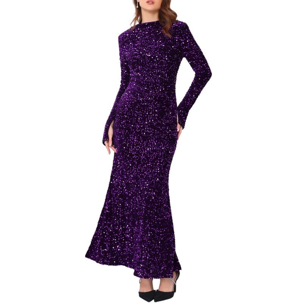 Women's Sequin Maxi Dress Velvet Long Sleeve Cocktail Bodycon Dress Purple